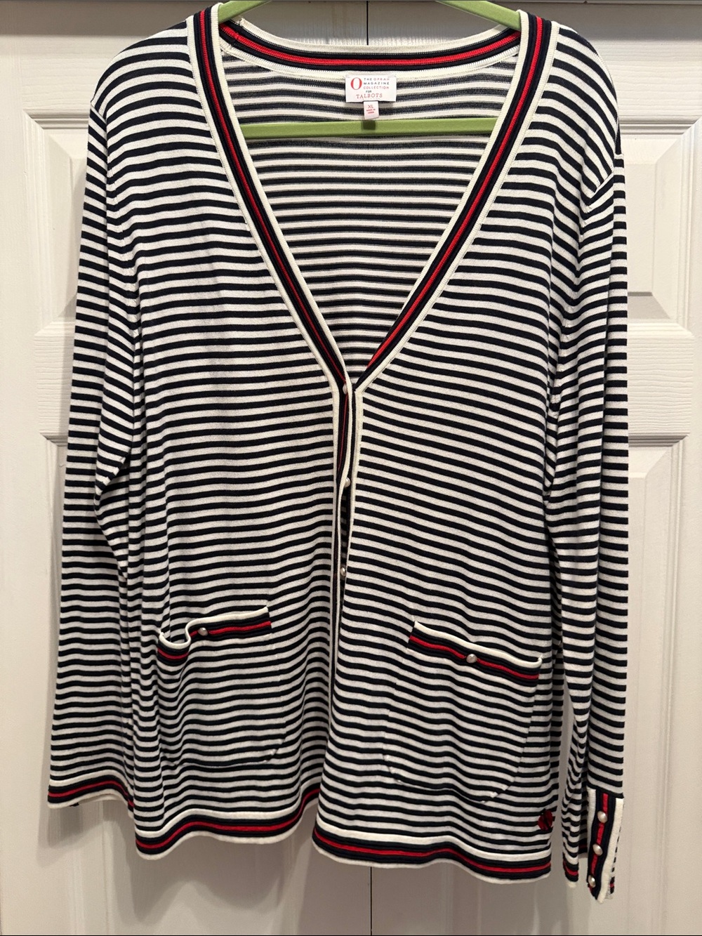 Striped Black & White Cardigan with Red Trim - Classic Layering Piece